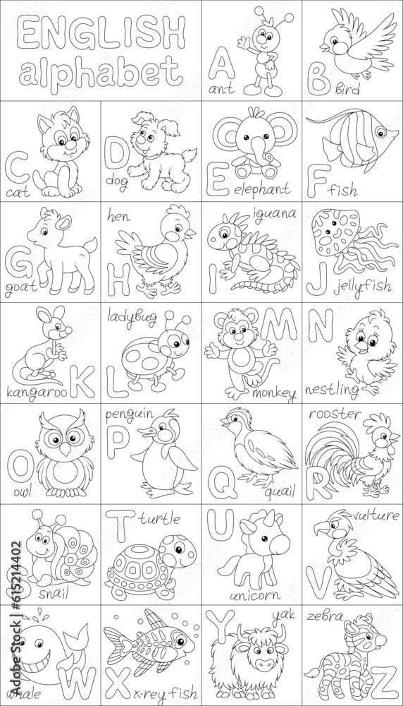 English alphabet with funny toy animals, set of black and white outline vector cartoon illustrations