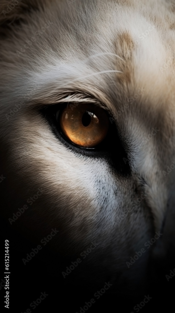 Closeup white lion eye, portrait of animal on dark background. Ai generated
