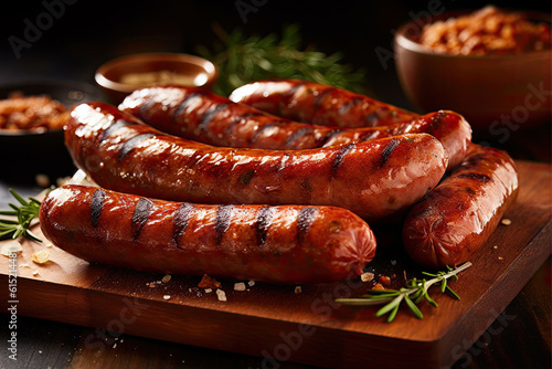 Grilled sausages with the addition of herbs on rustic wooden table and black background