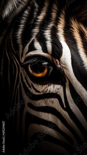 Closeup zebra eye, portrait of animal on dark background. Ai generated .