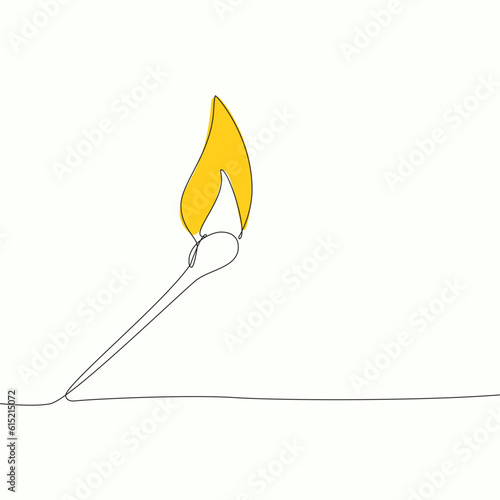 Burning match bright flame drawn by hand with a continuous line. Vector illustration of matchstick on in single line style.