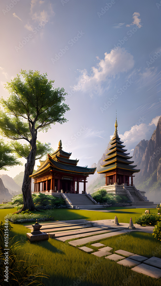 Naklejka premium Panoramic temple landscape with scenic park and sky clouds