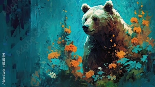 Bear in the woods with orange flowers on blue forest backround 