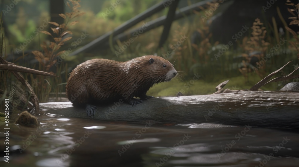 A beaver constructing a dam in a forest stream A beaver constructing a dam in a forest stream