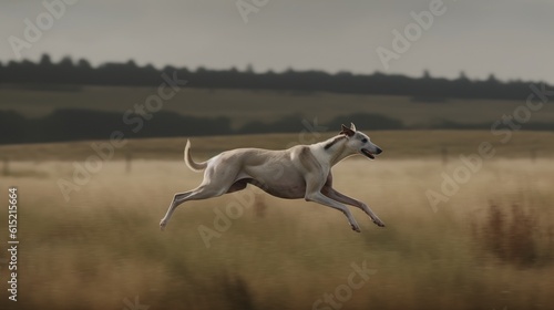 A Greyhound running at full speed in an open field