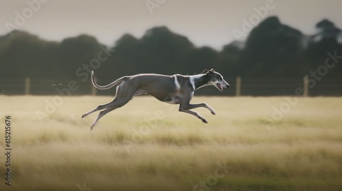 A Greyhound running at full speed in an open field