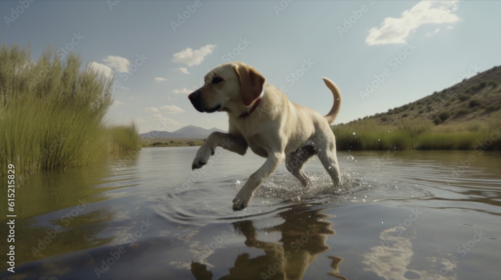 A Labrador Retriever diving into a lake to fetch a stick A Labrador Retriever diving into a lake to fetch a stick