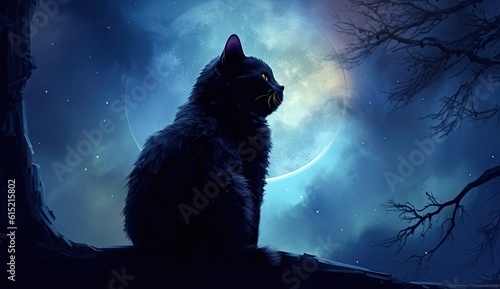 Silhouette of a  cat on the rooftop  backed by the full moon