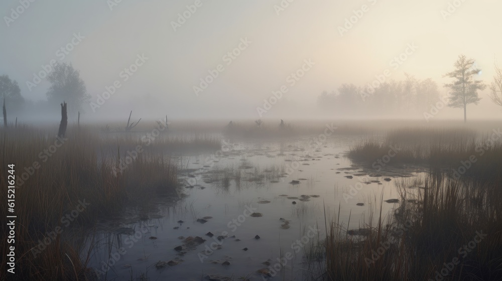 Fototapeta premium A dense fog settling over a swamp at dawn