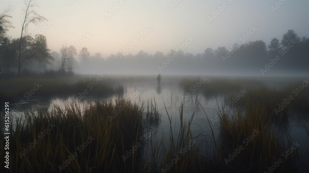 A dense fog settling over a swamp at dawn