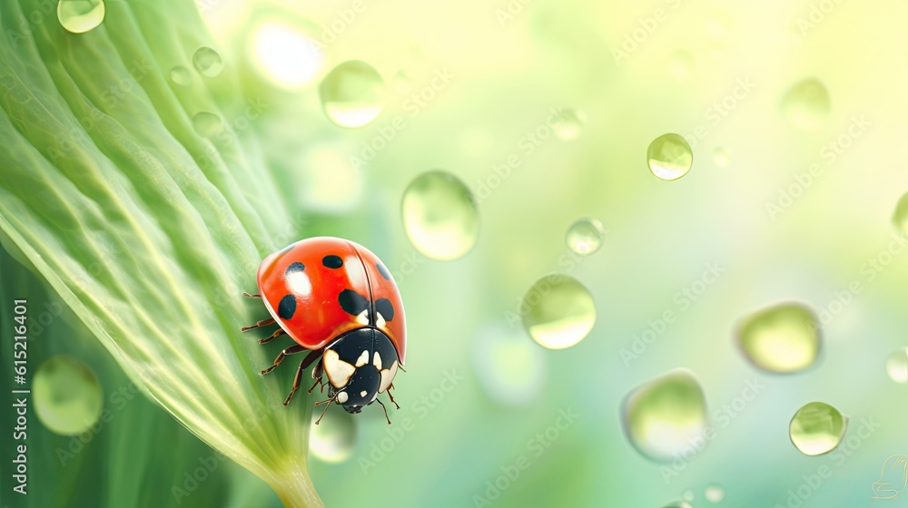Little ladybug crawling on a green leaf with raindrops, generative AI content. Little ladybug crawling on a green leaf with raindrops, generative AI content.