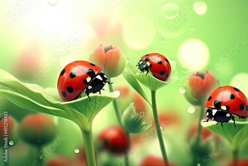 Group of small red ladybugs with black dots crawling on a green leaf, generative AI content.
