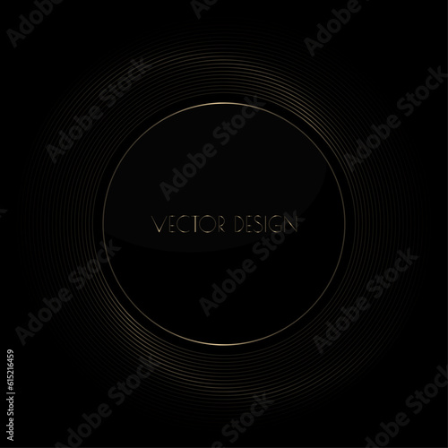 Vector abstract black premium background with golden circle frame. Modern luxurious elegant backdrop in dark color for exclusive posters, banners, invitations, business cards.