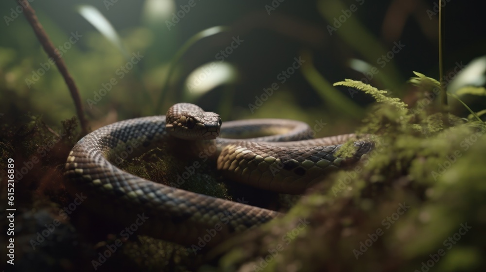 Naklejka premium A snake slowly slithering through the undergrowth