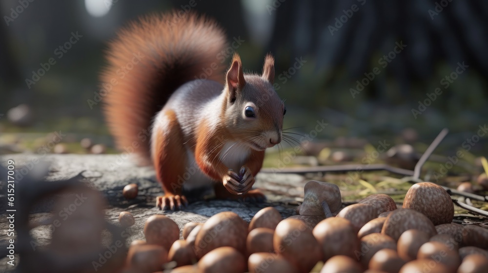 Fototapeta premium A squirrel gathering and hiding nuts for the winter