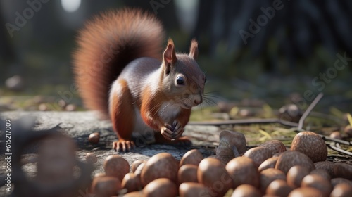 A squirrel gathering and hiding nuts for the winter