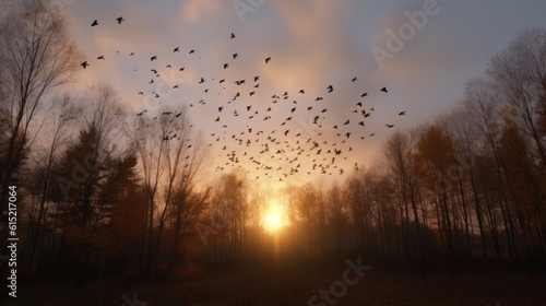A flock of birds migrating back to the forest after winter