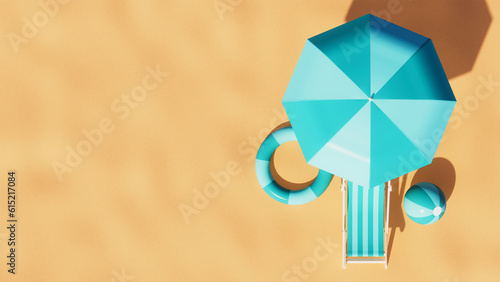 Top view of ball, chair, umbrella and float on the beach, vacation theme, 3d rendering