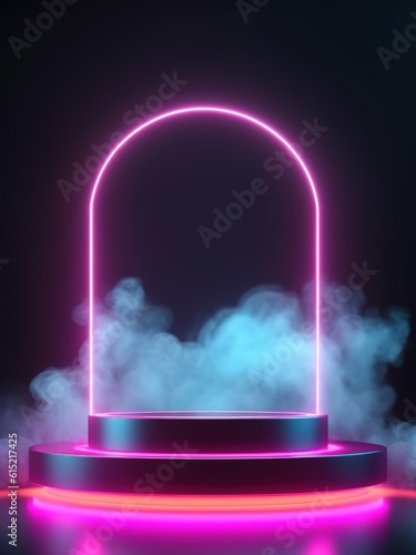 Stage with spotlight on stage. Empty podium for products display with smoke and neon lights. generative ai