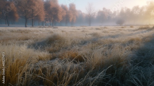 The first frost of winter covering a meadow