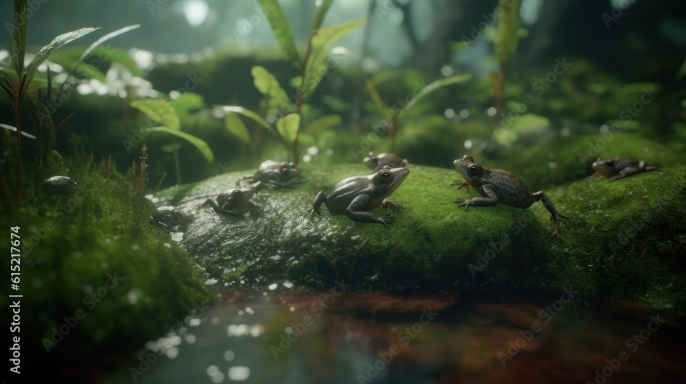 The forest echoing with the croaks of frogs after a rain The forest echoing with the croaks of frogs after a rain
