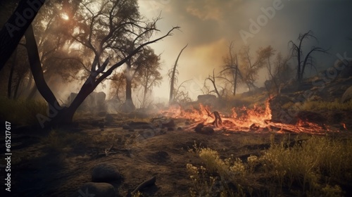 A wildfire slowly regenerating life after destruction
