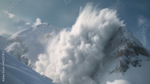 An avalanche on a snowy mountain peak