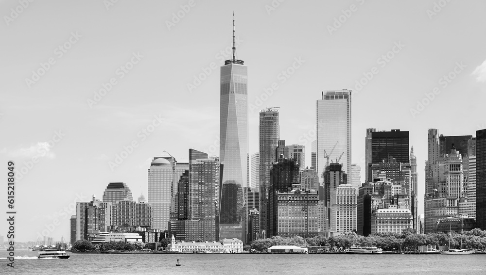 Black and white photo of New York City skyline, Manhattan, USA.