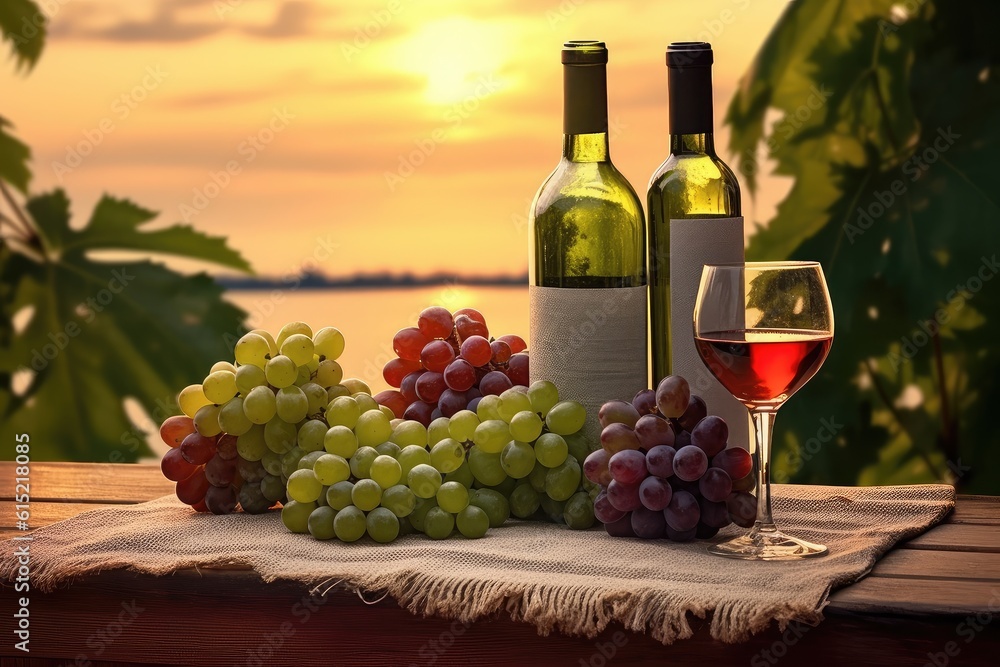 Red wines showcased on a charming wooden table. Adorned with fresh grapes.