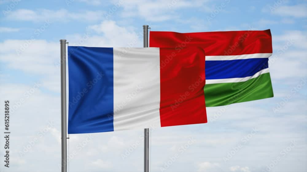 Gambia flag and France flag waving together on blue sky, looped video, two country cooperation concept Gambia flag and France flag waving together on blue sky, looped video, two country cooperation concept
