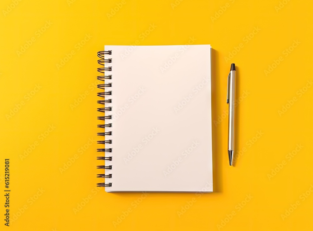 Spiral notebook with pencil on yellow table, top view, flat lay created with Generative AI technology Spiral notebook with pencil on yellow table, top view, flat lay created with Generative AI technology