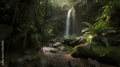 The cascading waterfall in the heart of a rainforest