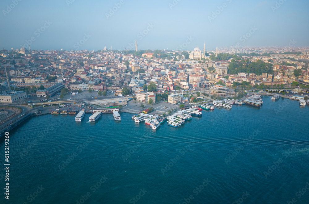 Fatih historic district aerial view with morning twilight including Rustem Pasha Mosque and Suleymaniye Mosque in historic city of Istanbul, Turkey. Historic Istanbul is a World Heritage Site. 