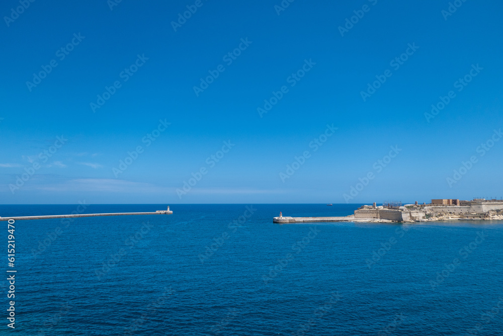 Valletta, Malta, 4th May 2023. Breakwater at Fort Ricasoli From Kalkara to Grand Harbour.