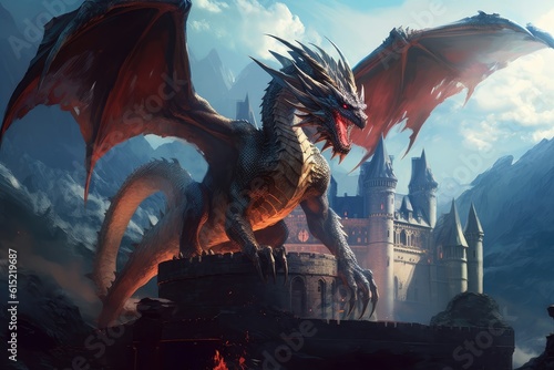 Majestic dragon against the backdrop of a medieval castle