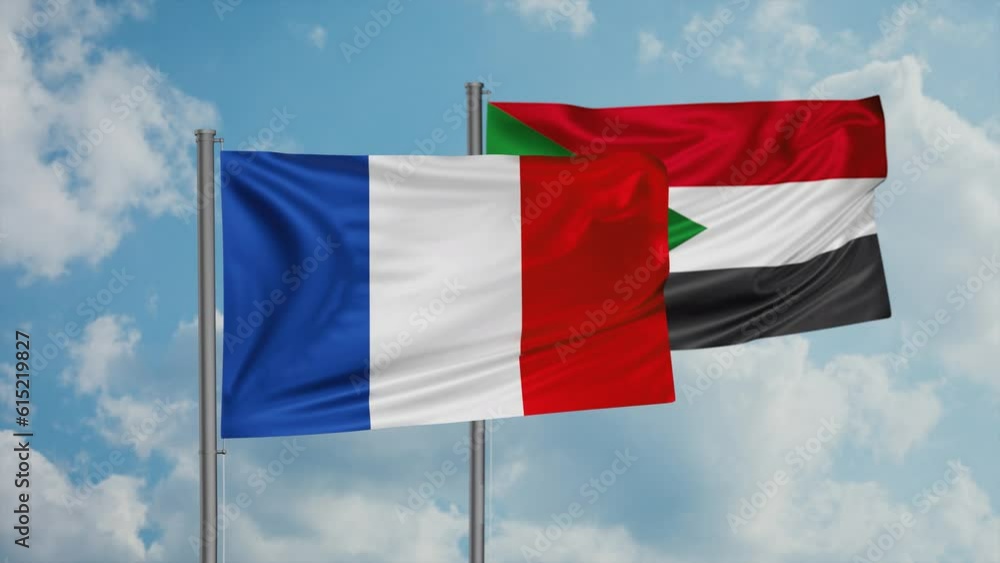 Sudan and France flag waving together in the wind on blue sky, cycle looped video, two country cooperation concept Sudan and France flag waving together in the wind on blue sky, cycle looped video, two country cooperation concept