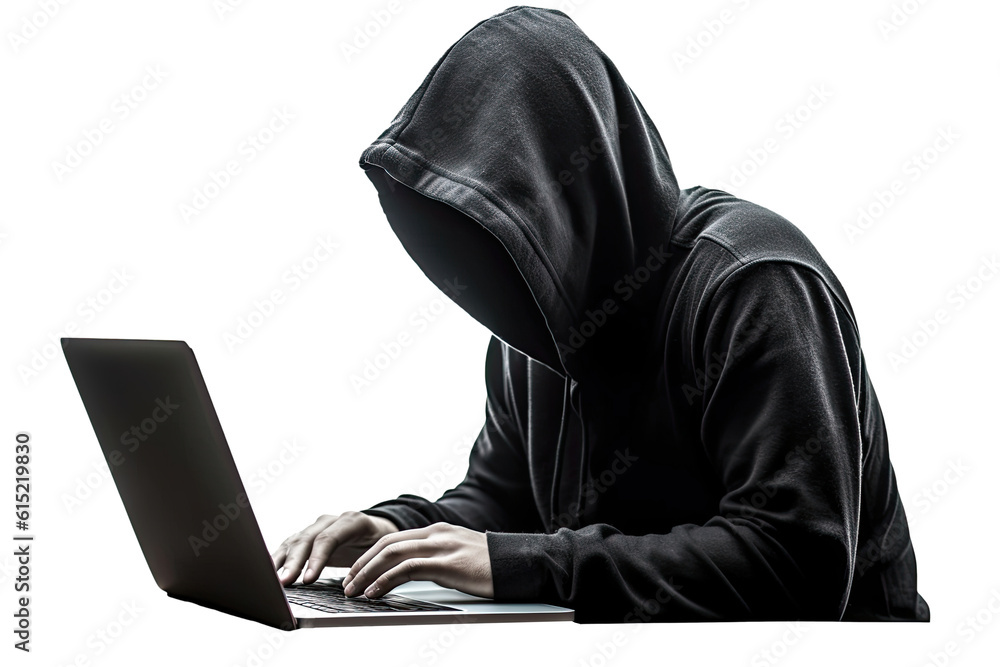 A hacker in black hoodie is working on his laptop. A hacker in black hoodie is working on his laptop.