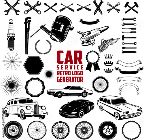 Car Service Retro Logo Generator is set of icons, badges, ribbons and other useful design elements for retro car service emblems and logos Vector illustration.