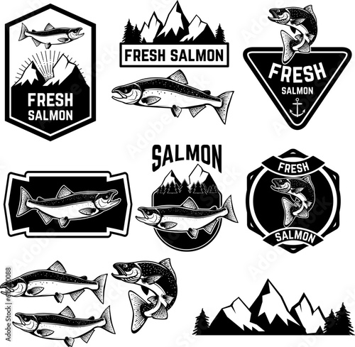 Vintage fresh salmon fish emblems, labels and design elements. Logo,badge or label design template.