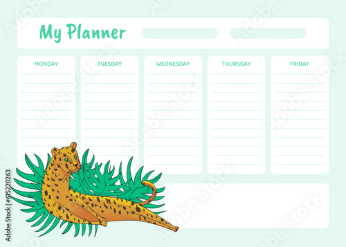 Planner with Leopard Animal in Tropical Foliage Vector Template
