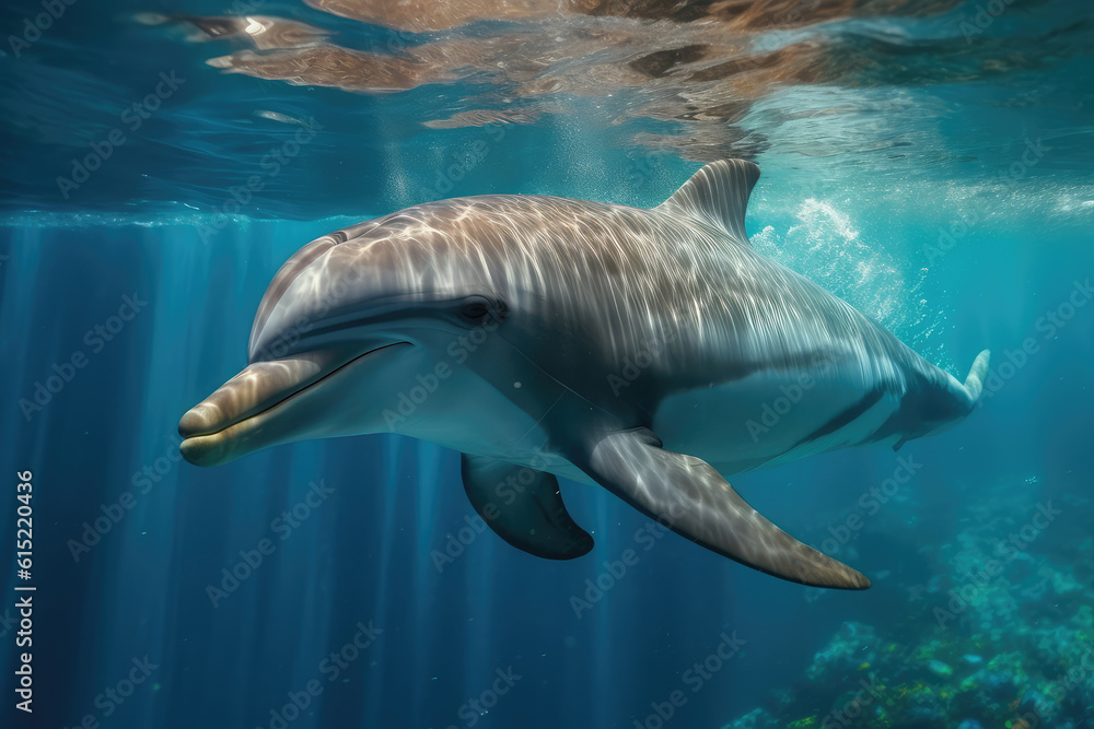 Fototapeta premium friendly and beautiful dolphin swimming through the oceans, , beautiful background, ocean floor, ai generated.
