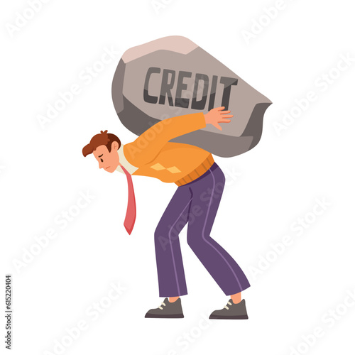 Pressure of Loan with Man Character Carry Heavy Stone on His Back Vector Illustration