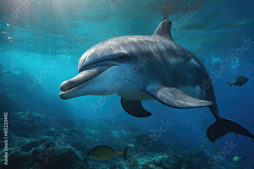 friendly and beautiful dolphin swimming through the oceans, , beautiful background, ocean floor, ai generated. © Giovanna