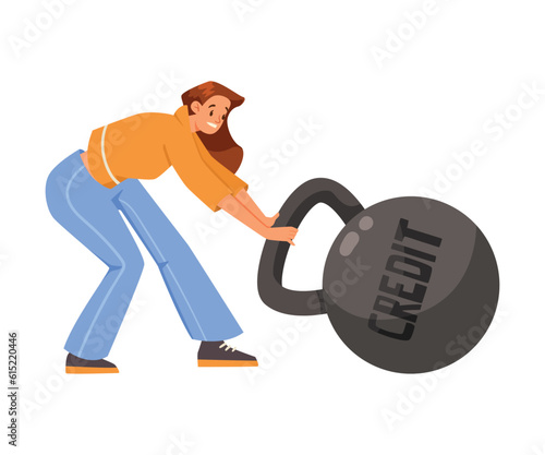 Pressure of Loan with Woman Character Pulling Heavy Kettlebell Vector Illustration
