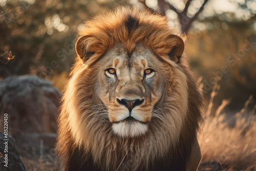 Lion looking at the camera, beautiful background, savannah background, ai generated.