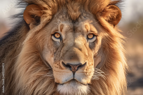 Lion looking at the camera  beautiful background  savannah background  ai generated.