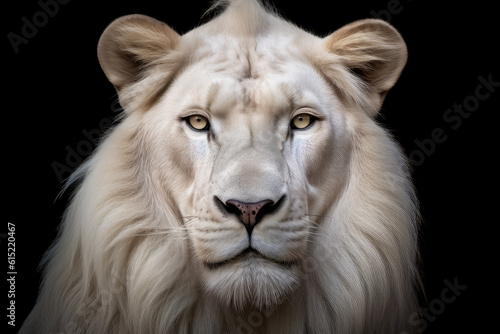 white lion  front view  black background  hyperrealistic photography  ai generated.