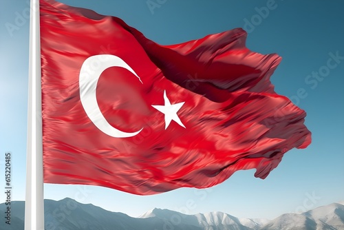 Flag of Turkey waving in the wind against blue sky photo
