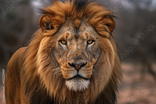 Lion looking at the camera, beautiful background, savannah background, ai generated. © Giovanna