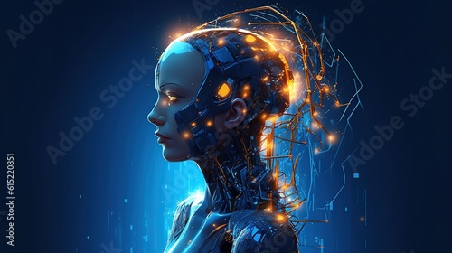 Cyborg girl portrait , artificial intelligence Digital brain . Fantasy concept , Illustration painting.